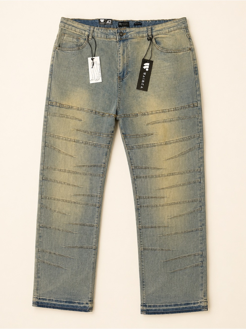 Straight Fit Men’s Jeans in Washed Blue with Faded Yellow - VAKREA